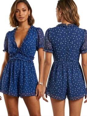 TRIXXI Navy Ruffle Polkadot Romper - Size L